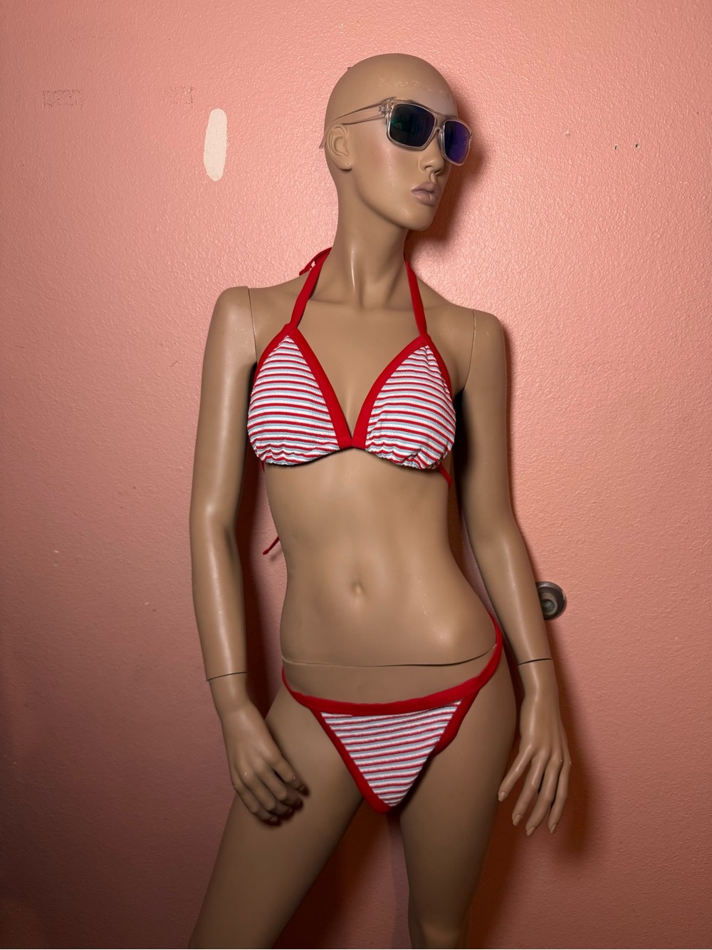 🚨 MIXED SIZING SET 🚨 Red White & Blue Textured Stripe Triangle Bikini Set L/M